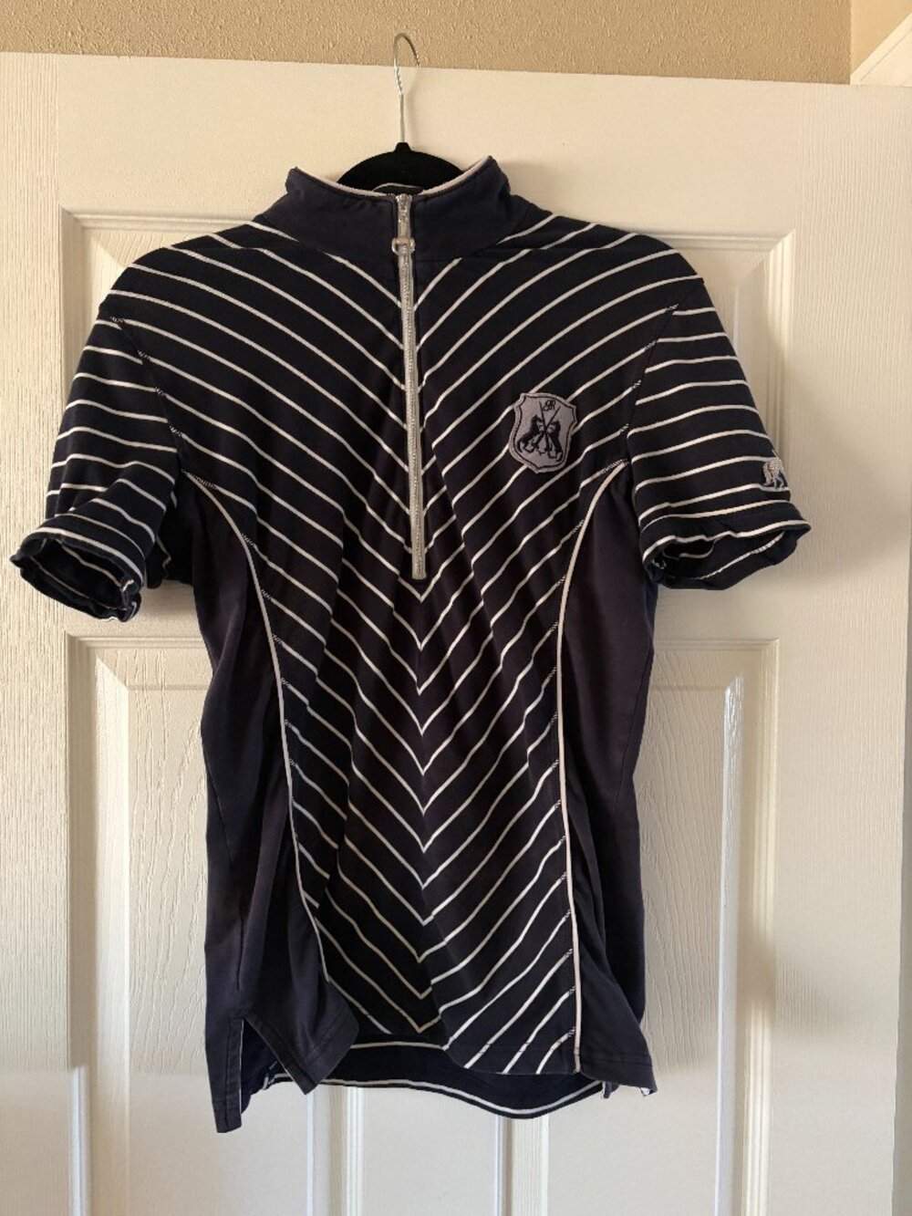 Goode Rider Large Navy Blue and White Pinstripe Quarter-Zip Horse Polo